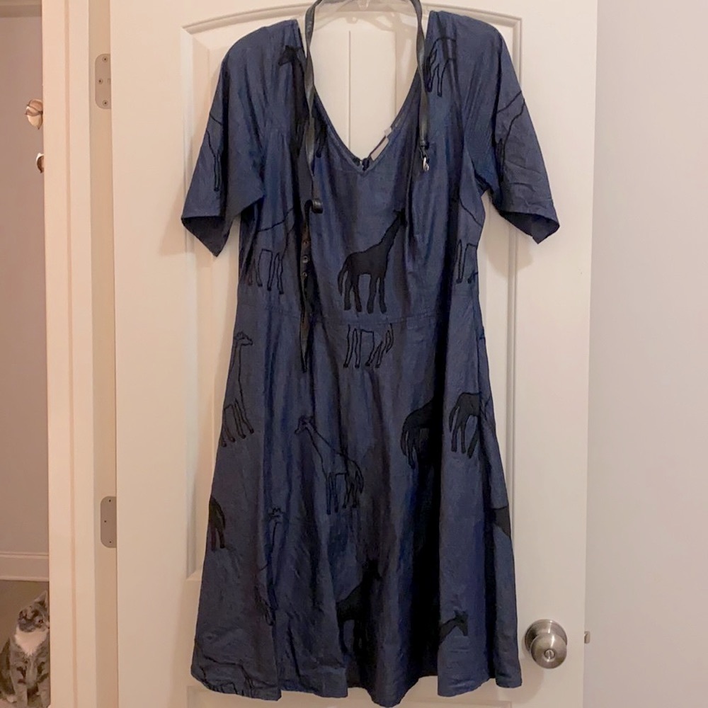 V-Neck Dress with Embroidered Giraffes